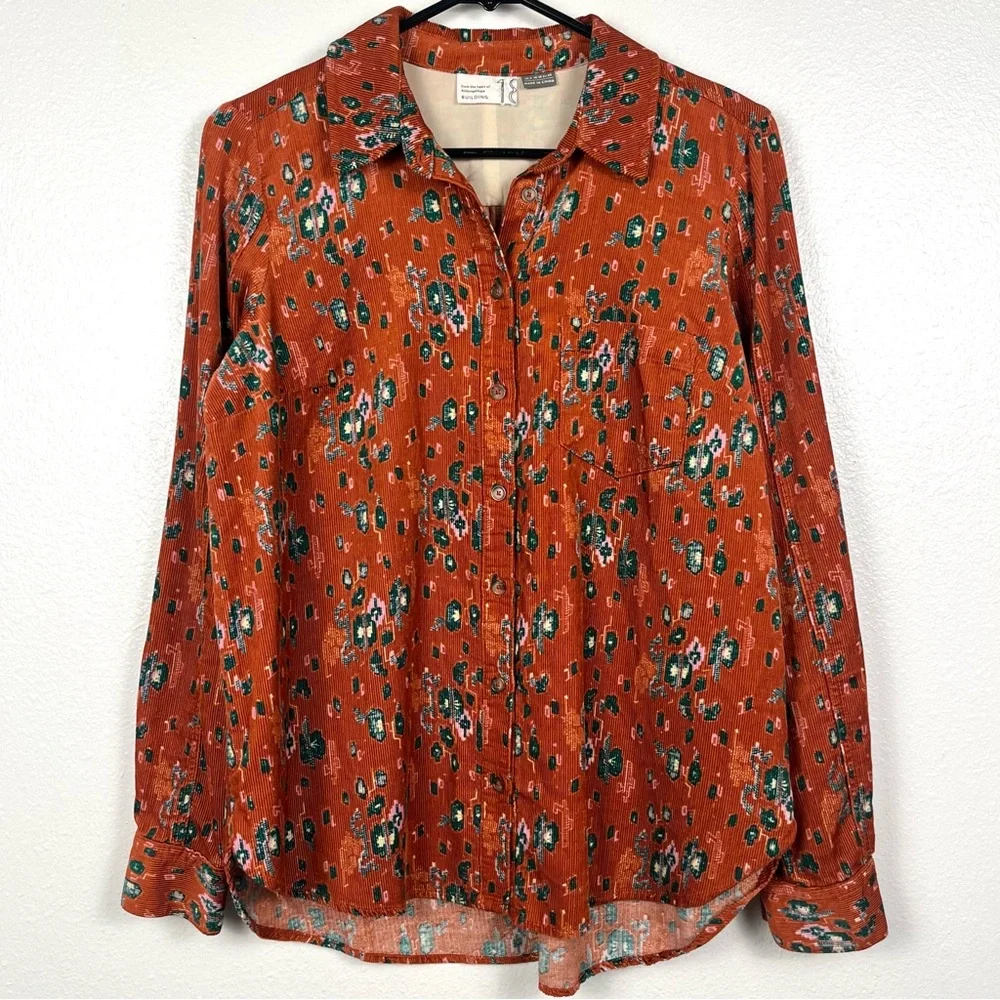 Anthropologie size 6 Corduroy Red-Orange Print Long Sleeve Buttondown Shirt Top